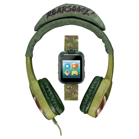iTech Junior Boys Headphones & Smartwatch Set - Green Rex Roarsome Print 900289M-40-X01
