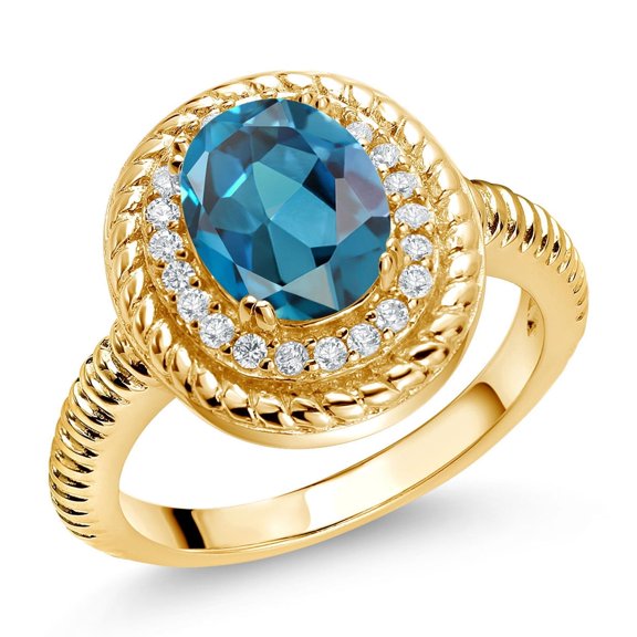 Gem Stone King 2.51 Ct Oval London Blue Topaz 18K Yellow Gold Plated Silver Halo Engagement Ring (Size 6)