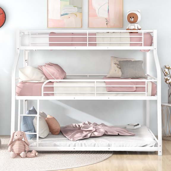 Metal Twin XL/Full XL/Queen Triple Bunk Beds Frame with Long and Short Ladder & Full-Length Guardrail, Space-Saving, No Box Spring Needed, Noise Free