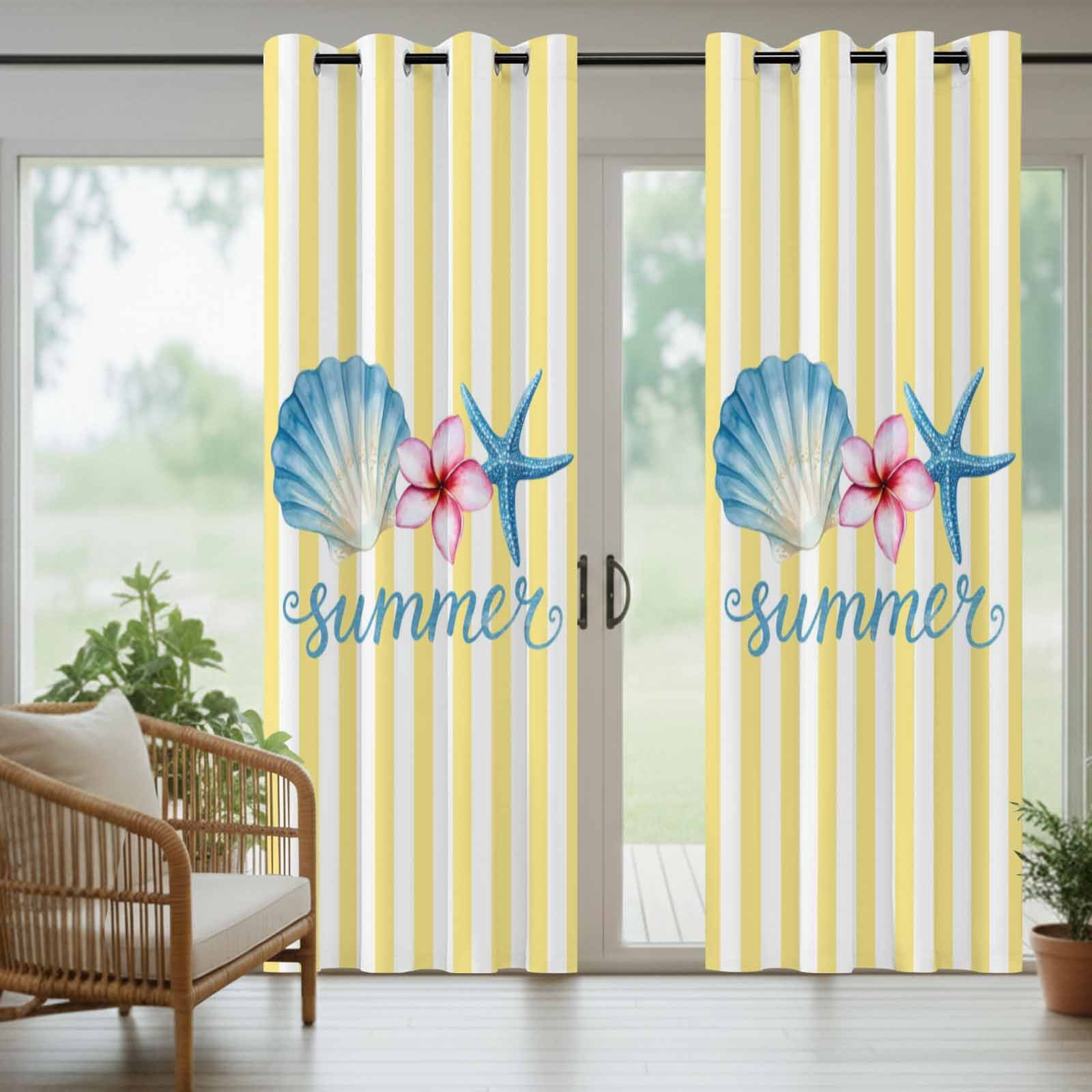 Starfish Shell Outdoor Curtains for Patio, Summer Pink Floral Yellow Stripes Sunshade Privacy Drapes Grommet Waterproof Outside Curtains for Porch/Cabana/Balcony 54"x 108", 1 Panel