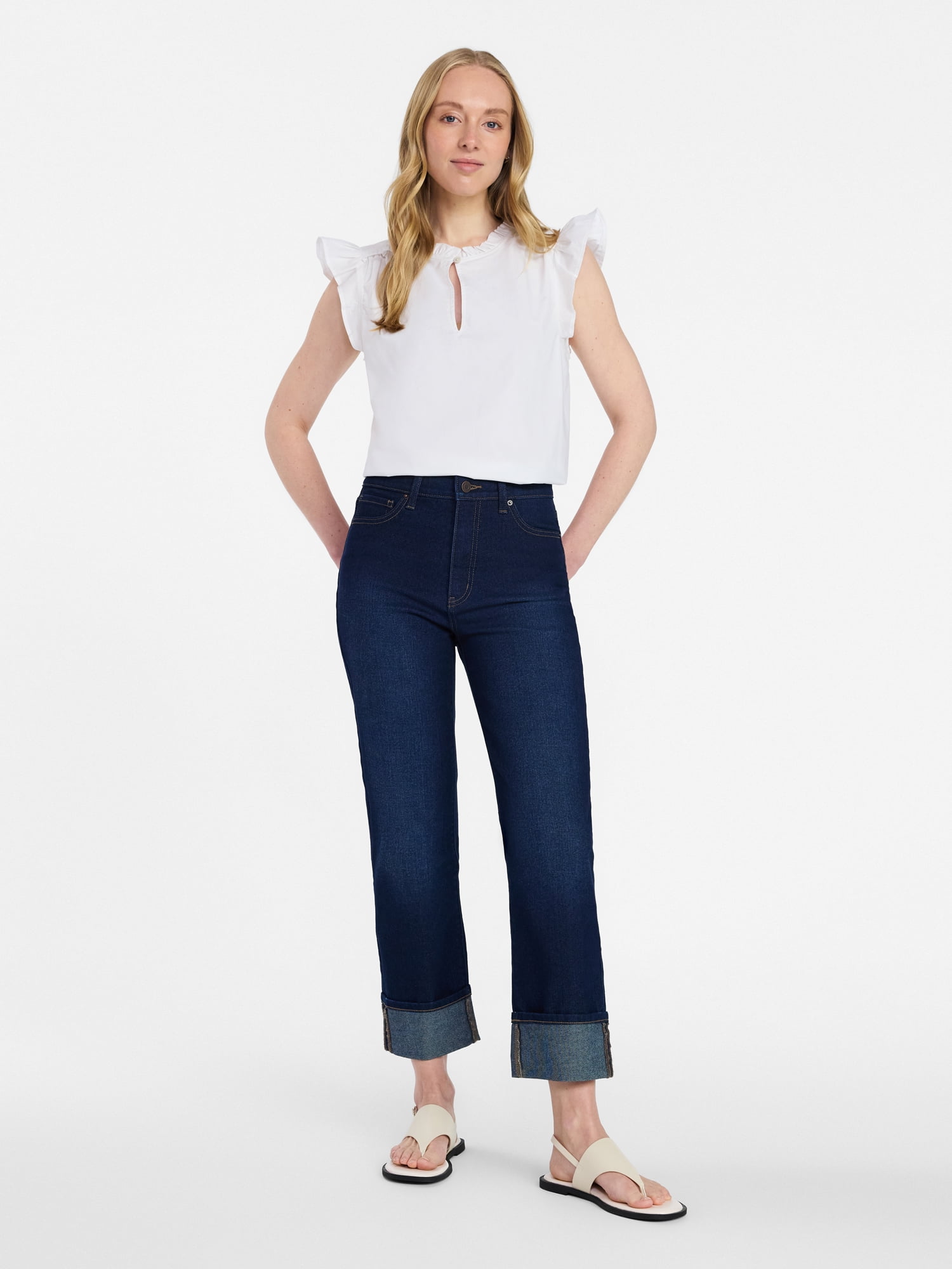 Time and Tru Women's Cotton Split Neck Top with Flutter Sleeves, Sizes XS-XXXL
