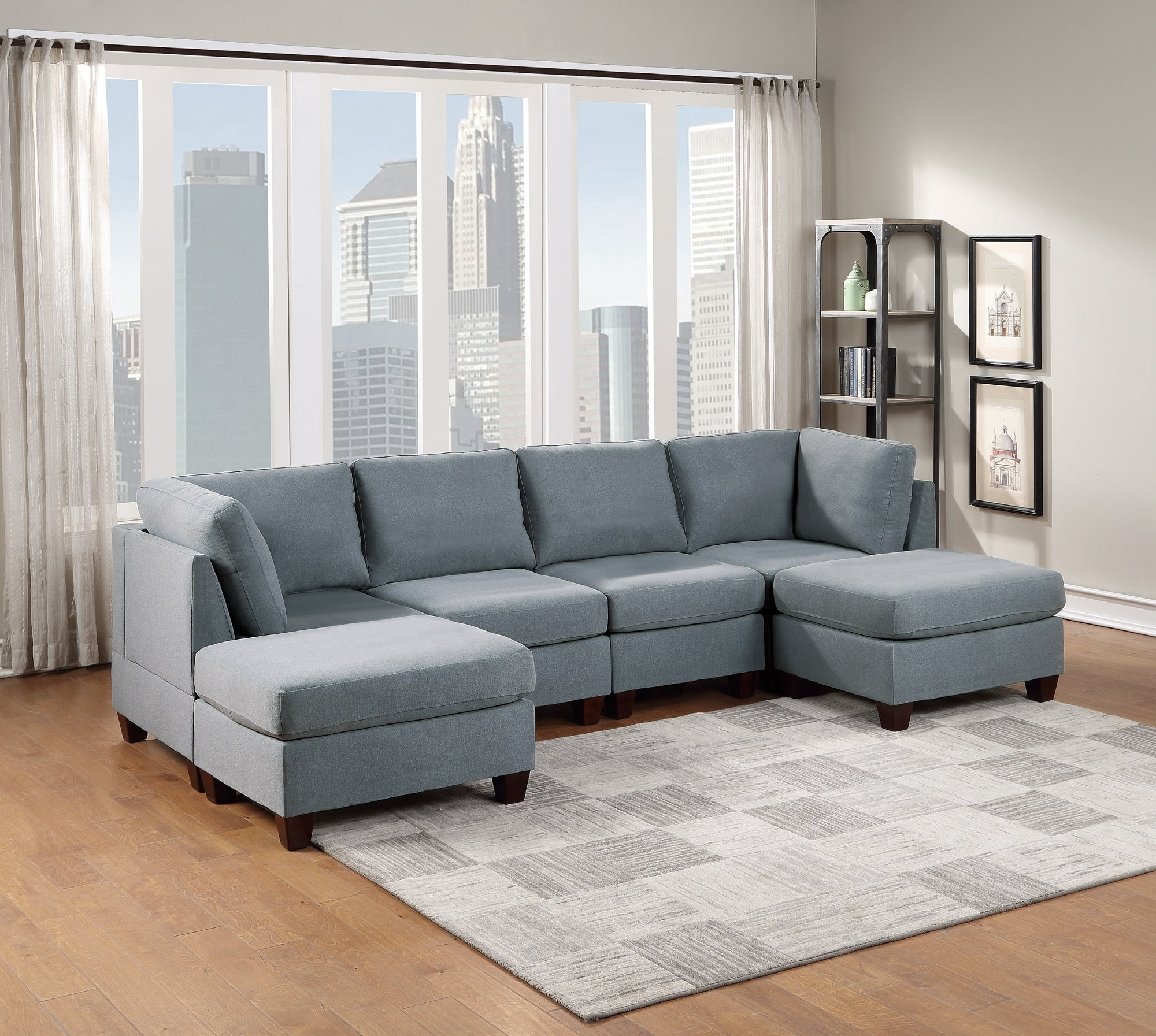 Sectional 6pcs Modulat Sofa Set Modern Linen Like Fabric Gray Color UShaped Living Room
