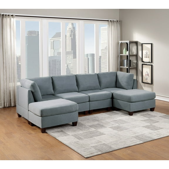Sectional 6pcs Modulat Sofa Set Modern Linen Like Fabric Gray Color U-Shaped Living Room Furniture set Corner Wedge Ottoman