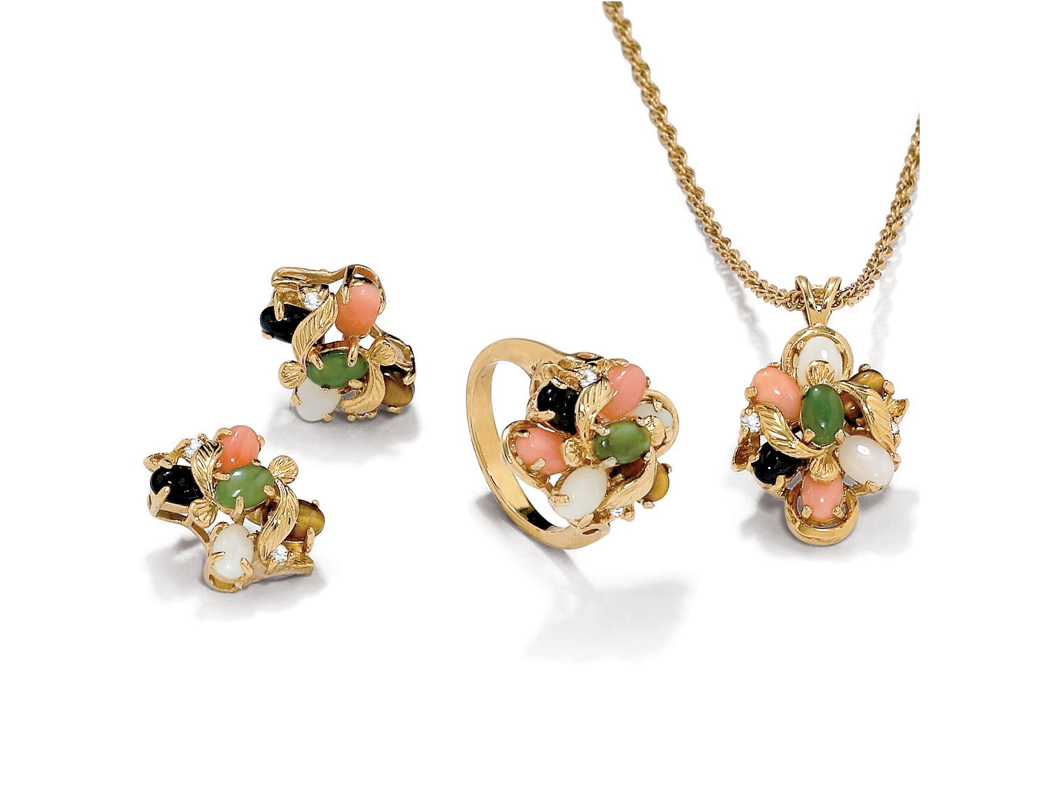 Genuine Coral, Opal, Jade, Onyx, Tiger's-Eye 14k Gold-Plated Necklace, Earrings and Ring Set by PalmBeach Jewelry
