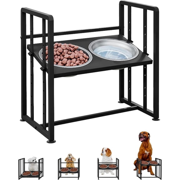 Elevated Dog Bowls 4 Height Adjustable Metal Pet Food Feeder Stand with 2 Stainless Steel Bowl Raised Dogs Feeding Station without Non-Slip Mats Black