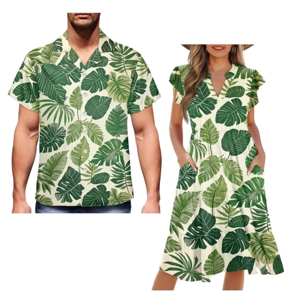 Uorisanigo Palm Leaf Couple Matching Outfit Husban and Wife Clothing Comfortable Men's Short Sleeve Shirt Beach Tops and Women's V-neck Dress A-Line Party Dresses Size 2XS