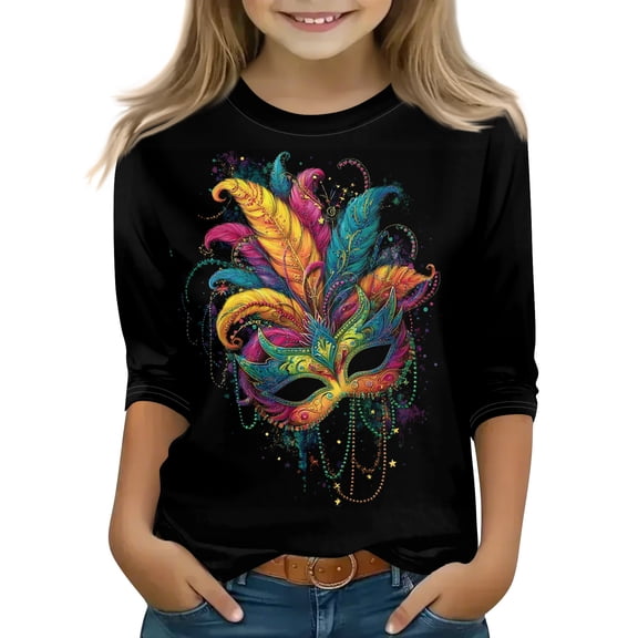 Girls Mardi Gras Outfit Cozy 3/4 Sleeve Tops Fat Tuesday Tshirt New Orleans Carnival Party Blouse