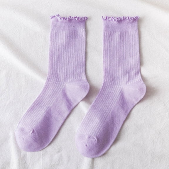 Womens Cotton Crew Socks Ruffle Turn-Cuff Fashion Princess Lettuce Ankle Socks Athletic Thin Gift Dress Socks, Purple