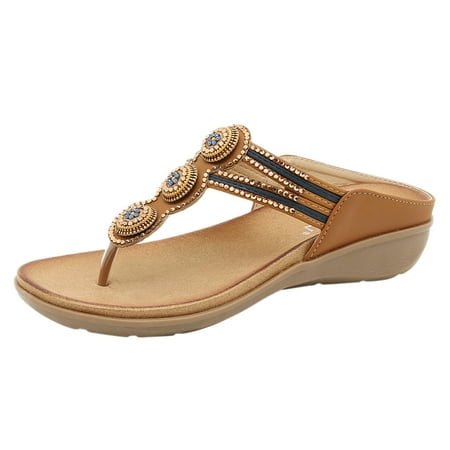 

Slippers For Womens Bohemian Crystal Shoes Roman Wedges Sandals Slippers Pu Brown slipper for Women