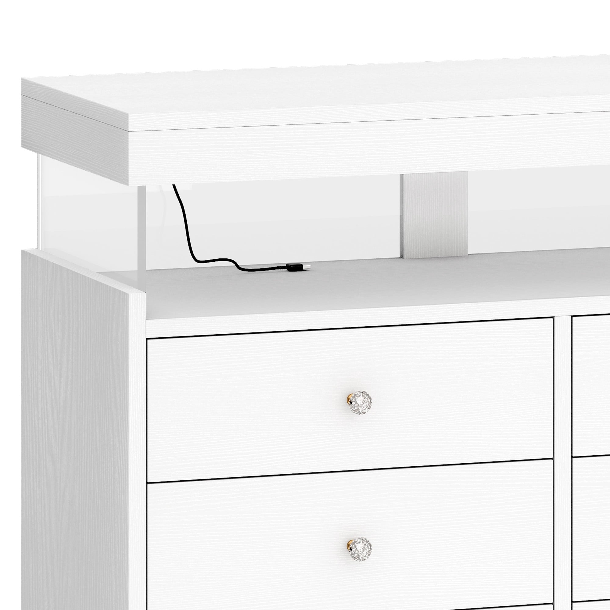 Uforic 6 Drawer Double Dresser with Power Outlets & LED Lights, Wood Chest of Drawers, White