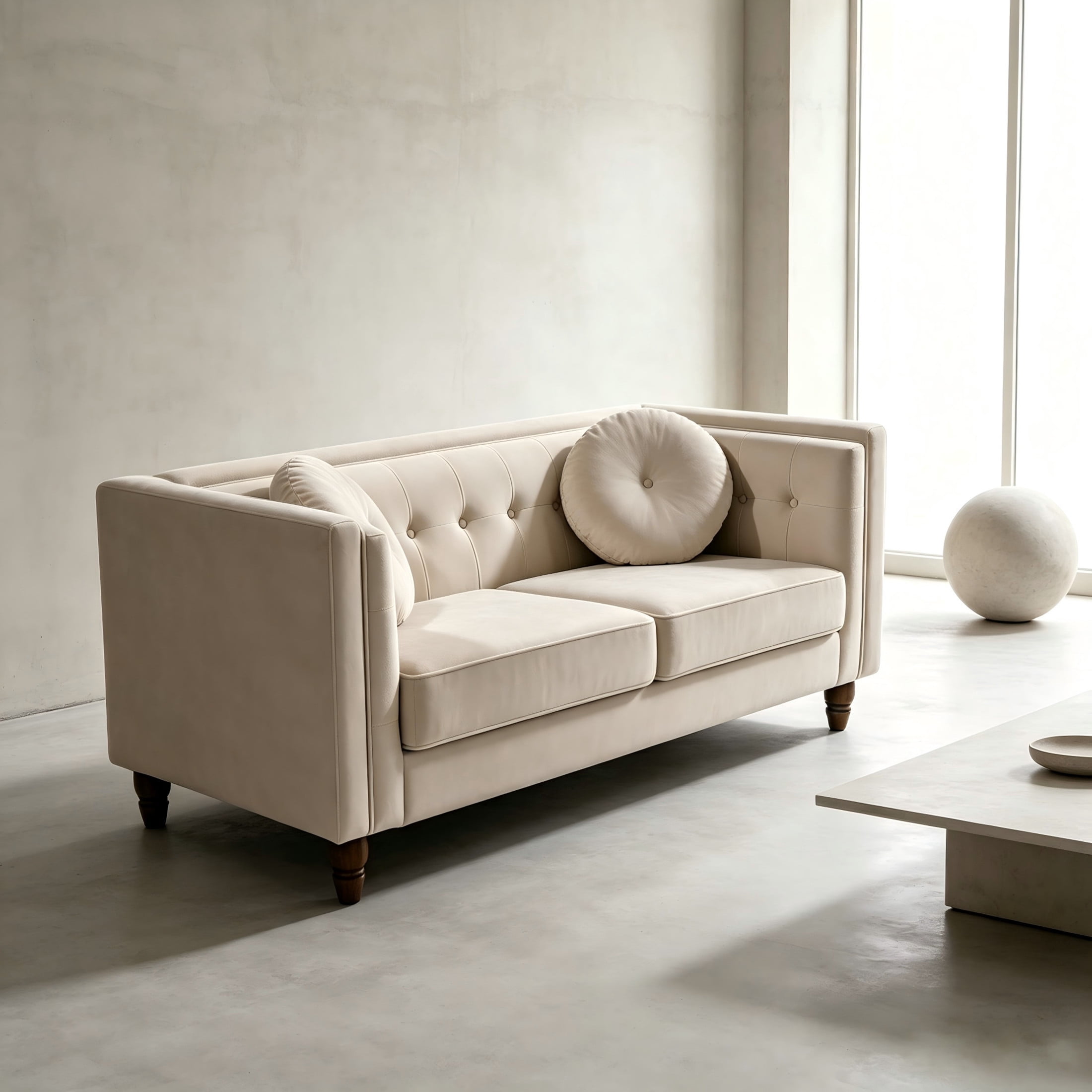 GDF Studio 58.3" Loveseat with Button-Tufted Crushed Velvet Upholstery & Tapered Wood Legs, Ivory