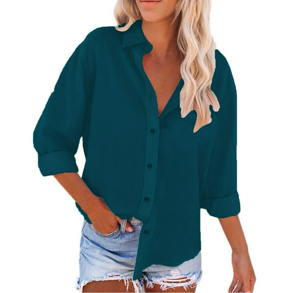 ZhenYing Long Sleeve Shirts for Women, Linen Women's Spring Summer Solid Color Shirt Long Sleeve Button Down Shirt Loose Fit Vacation Beach Workwear Tops Clothes Shirts for Women