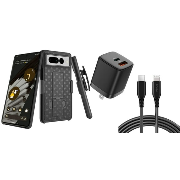 Belt Clip Case and Fast Home Charger Combo for Google Pixel 7 Pro - Swivel Holster PD Type-C Power Adapter 6ft Long USB-C Cable Kickstand Cover 2-Port Quick Charge fits Google Pixel 7 Pro