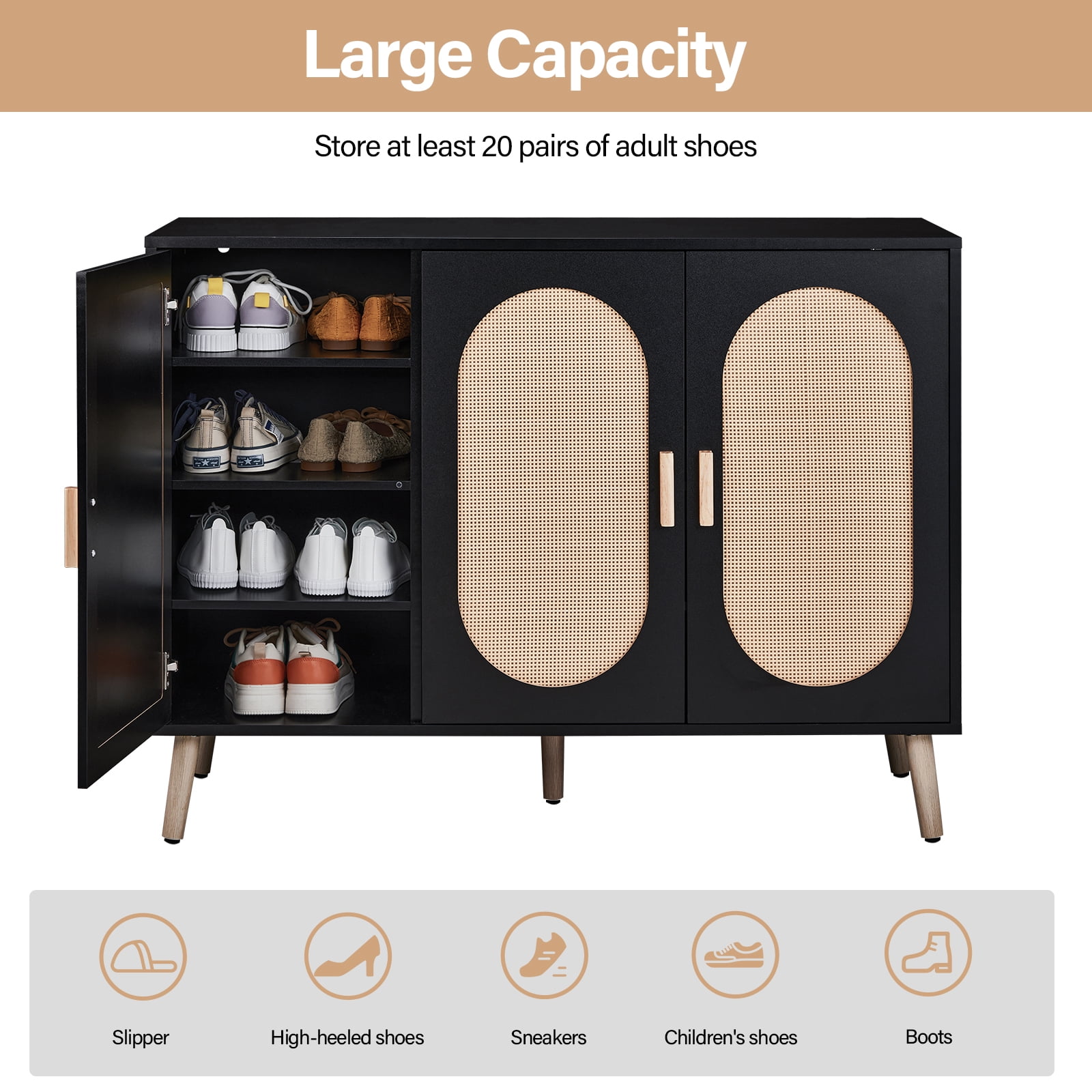 3-Door Rattan Shoe Cabinet, Black Frame Golden High-Leg Entrance Storage Cabinet with Adjustable Partitions, Oval Rattan Surface, Ample Storage for Shoes, Keys & Letters, Home Decor for Entryway