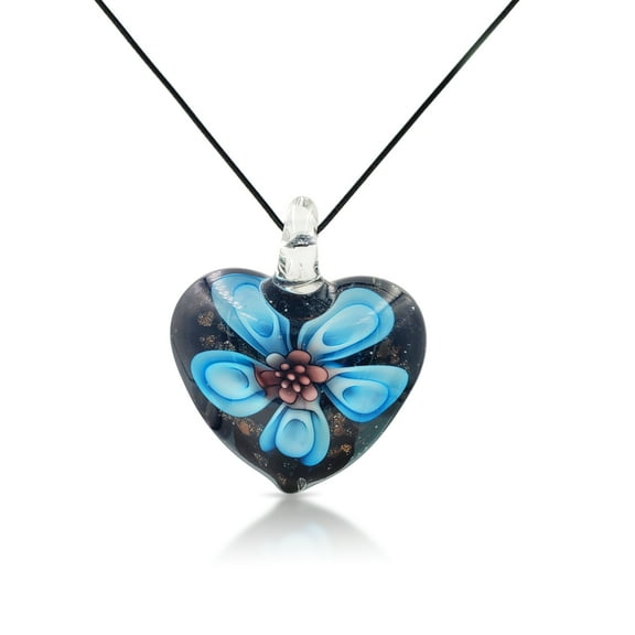 Besheek Murano Inspired Heart Flower Aqua Blue & Purple Glass Pendant