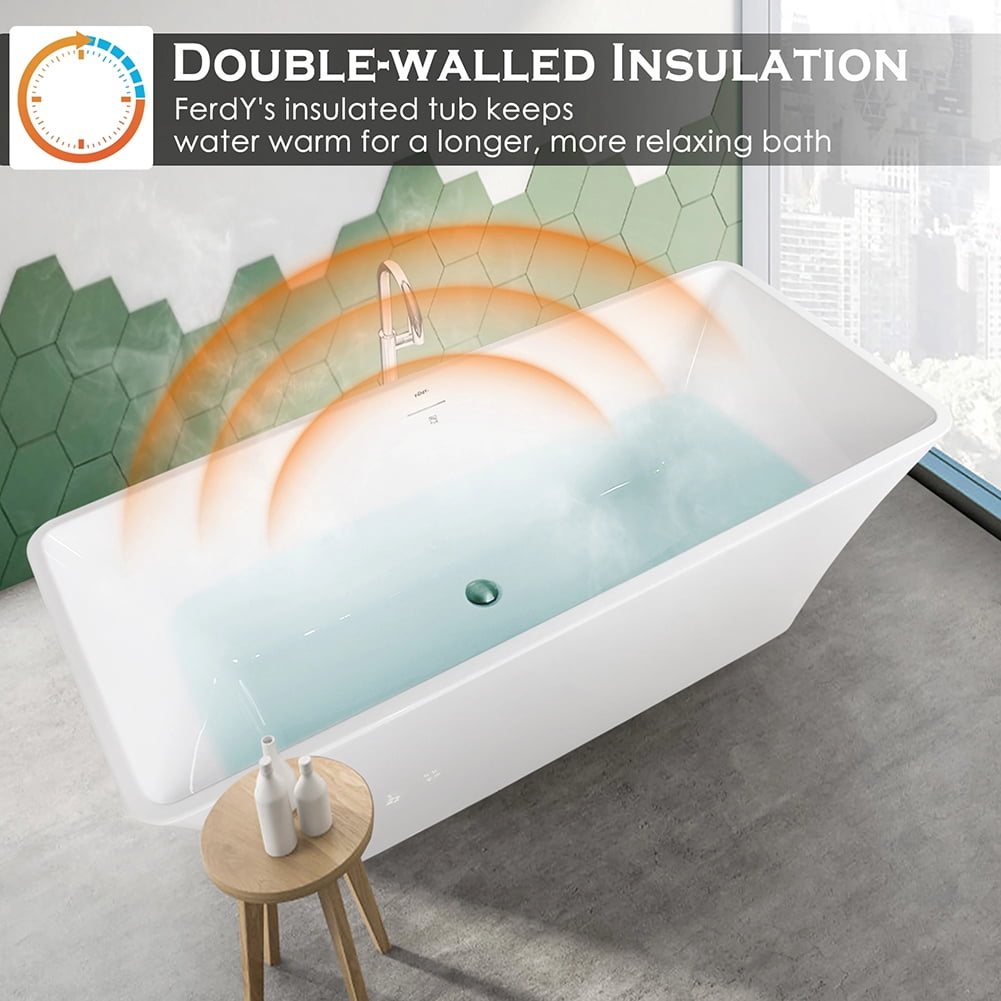 Kepooman 66" Acrylic Alcove Bathtub with Brushed Nickel Drain and Overflow Hole, White Kepooman 66" Acrylic Alcove Bathtub with Brushed Nickel Drain and Overflow Hole, White