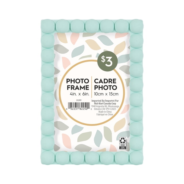 Beaded mint green decorative tabletop picture frame for 4x6 photos with colorful leaf-patterned placeholder.
