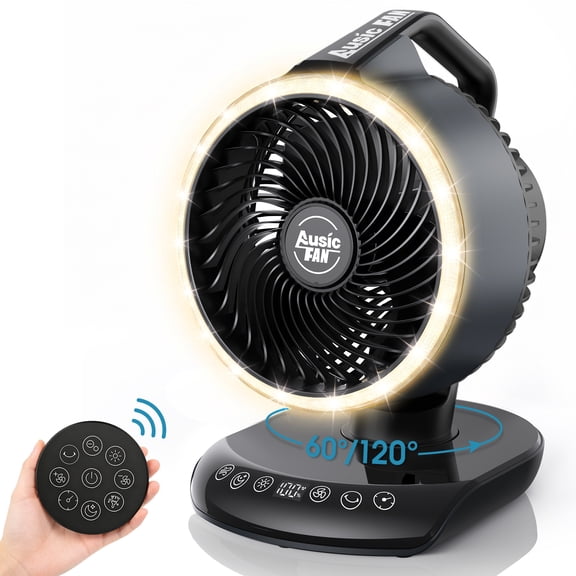 Portable Rechargeable Desk Fan with LED Light, 30000mAh Large Baffery, 120° Oscillating Quiet Personal Fans with Remote Control, 5 Speeds, Tabletop Fan for Bedroom, Home and Office.
