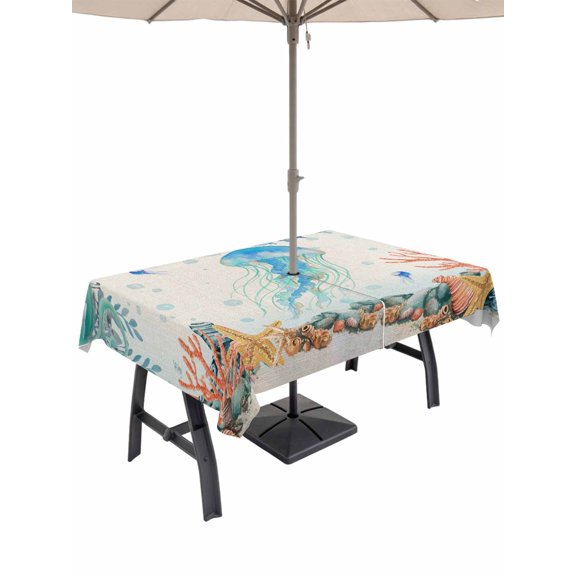 Outdoor Tablecloth with Umbrella Hole and Zipper, Jellyfish Coastal Rectangle Table Cloth 54x80 Inch Waterproof Tablecloth, Summer Nautical Starfish Coral Beige Picnic Table Cover for Patio Camping