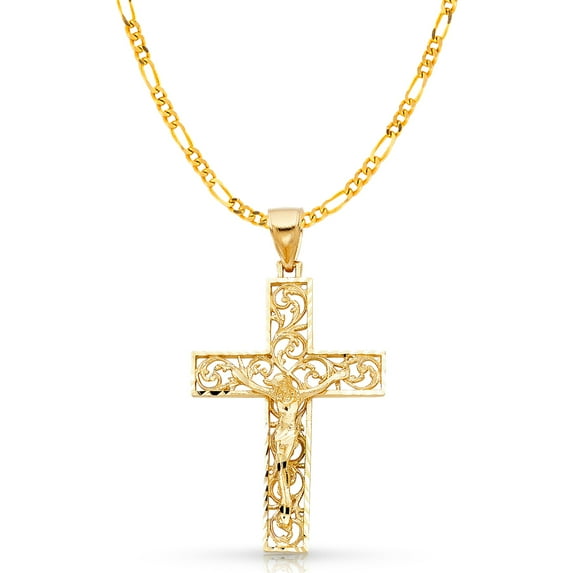 Ioka-14K Yellow Gold Crucifix Charm Pendant with 3.9mm Figaro 3+1 Chain Necklace - 22"
