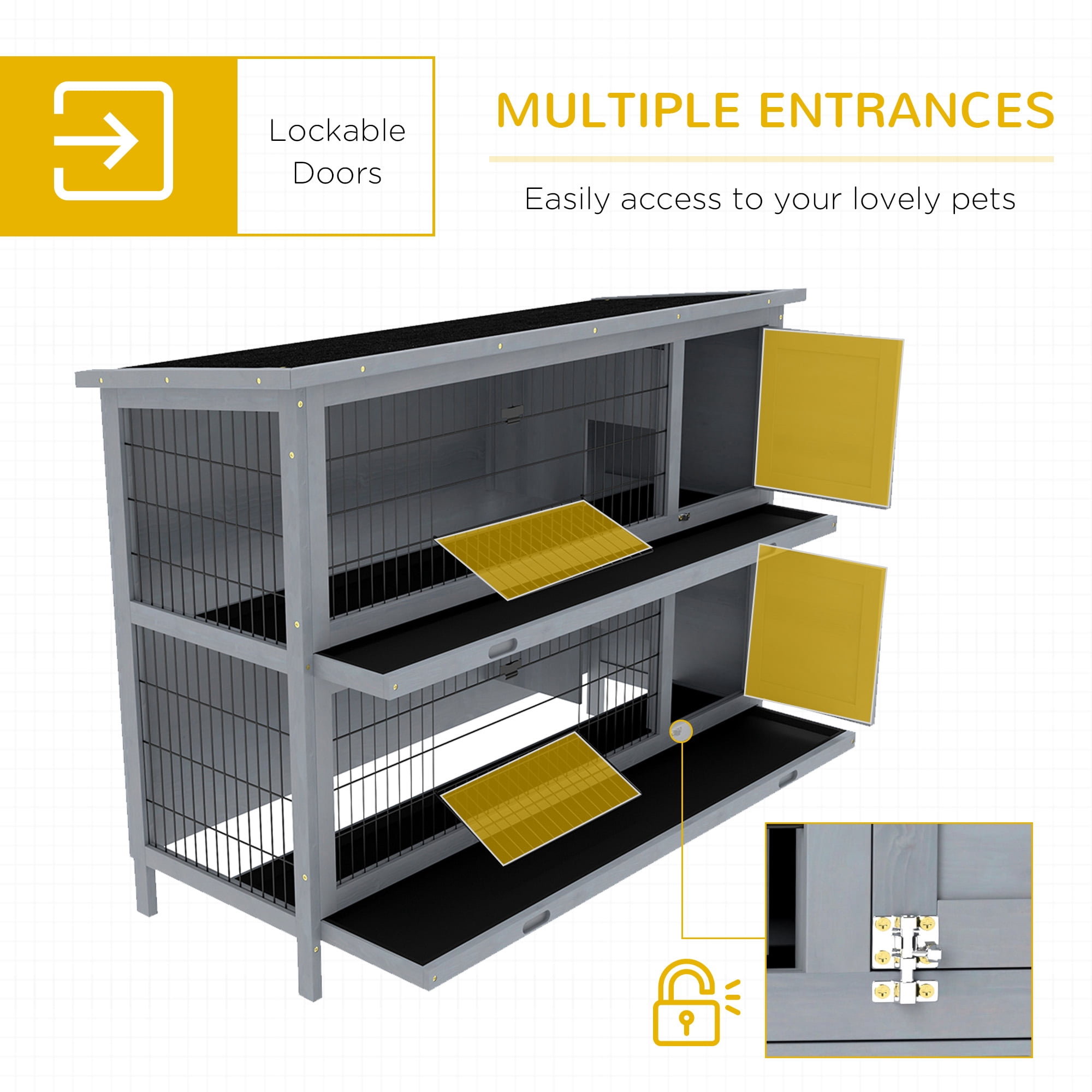 PawHut 54" 2-Story Large Rabbit Hutch Bunny Cage Wooden Pet House Small Animal Habitat with Lockable Doors, No Leak Tray and waterproof Roof for Outdoor/Indoor Grey