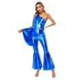 thumbnail image 3 of TiaoBug Women’s Flared Jumpsuits Pants Bell-Bottom Retro Shiny Metallic Rompers Disco Dancewear Royal Blue XL, 3 of 7