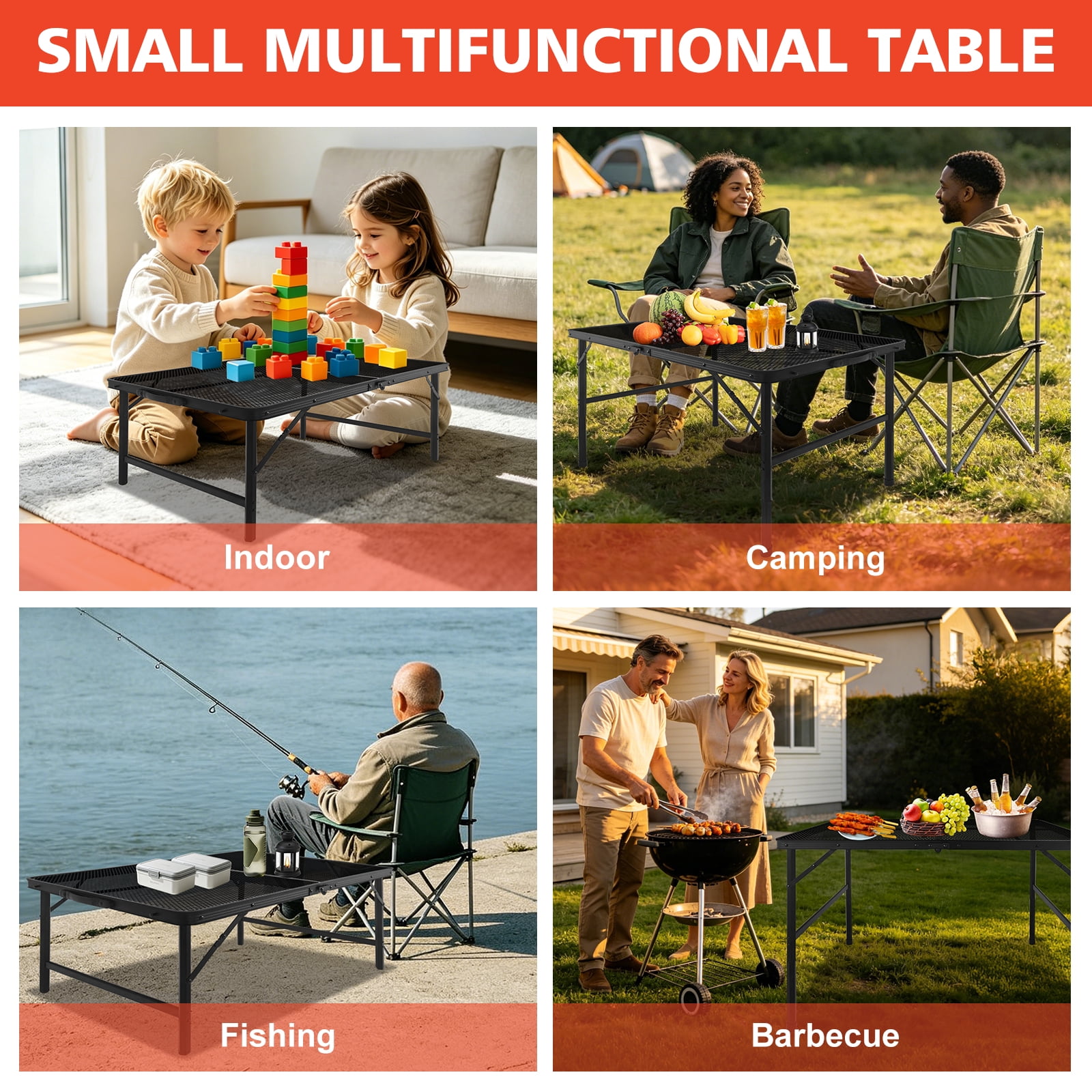 3FT Folding Camping Table, Black Mesh Desktop Portable Grill Table, Lightweight Aluminum Alloy Frame with Adjustable Height for Camping, BBQ, Picnic & Outdoor Activities