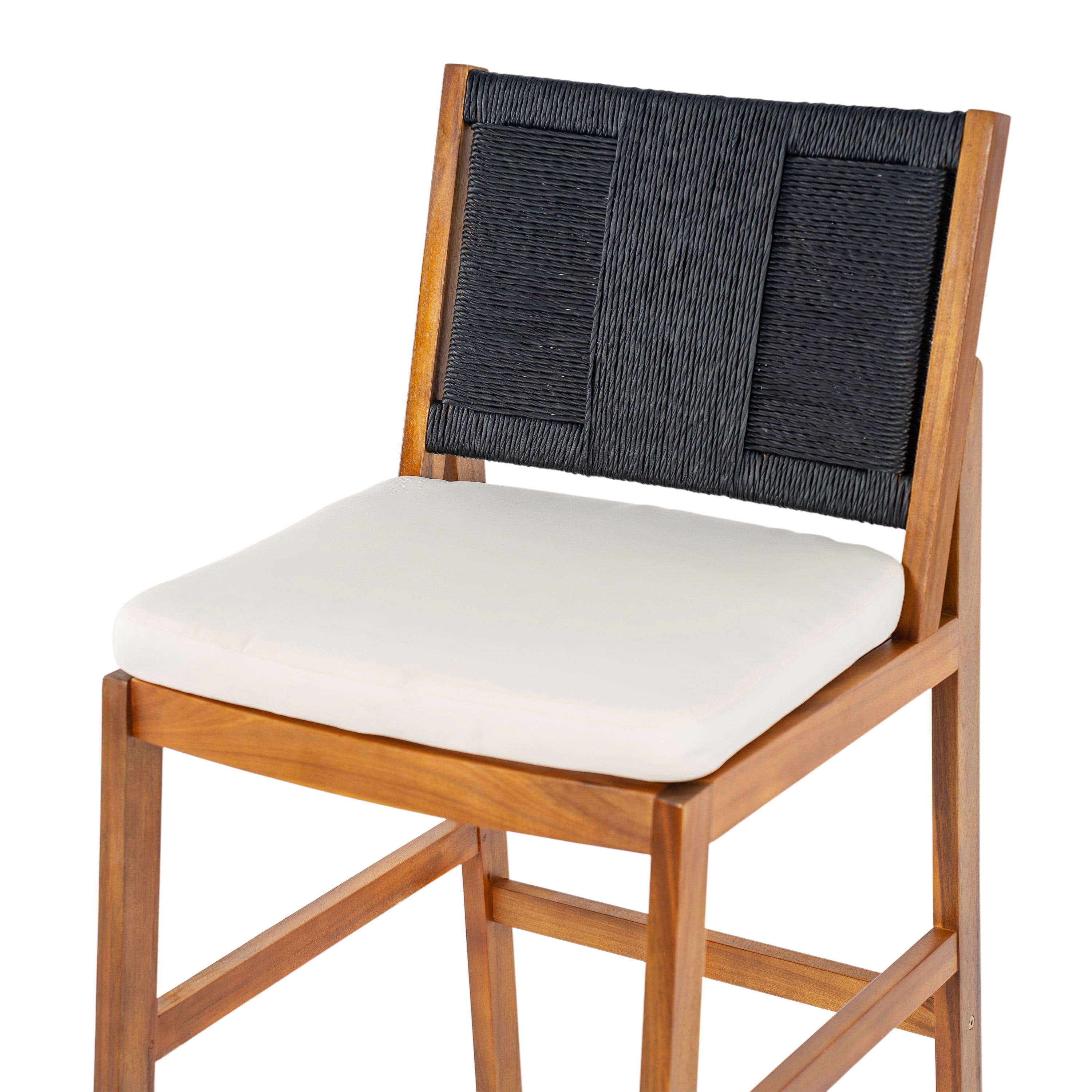 Bar Stools Set of 2, Outdoor Acacia Wood Teak Finish Bar Height Chairs with Cream Cushion, Teak