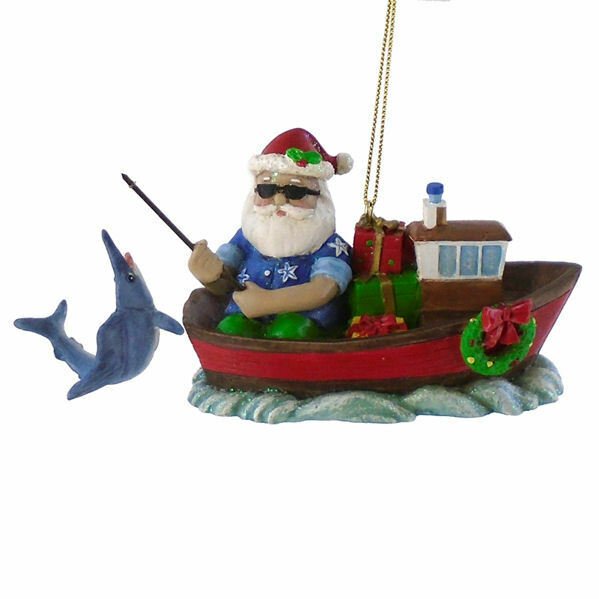 FISHING SANTA Sailfish Fishing Boat Christmas Ornament, by
