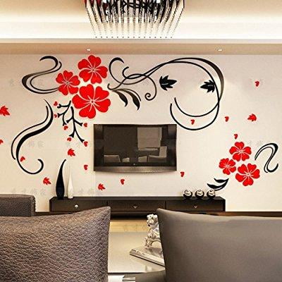 alicemall red flower tv wall sticker acrylic red blossom floral 3d