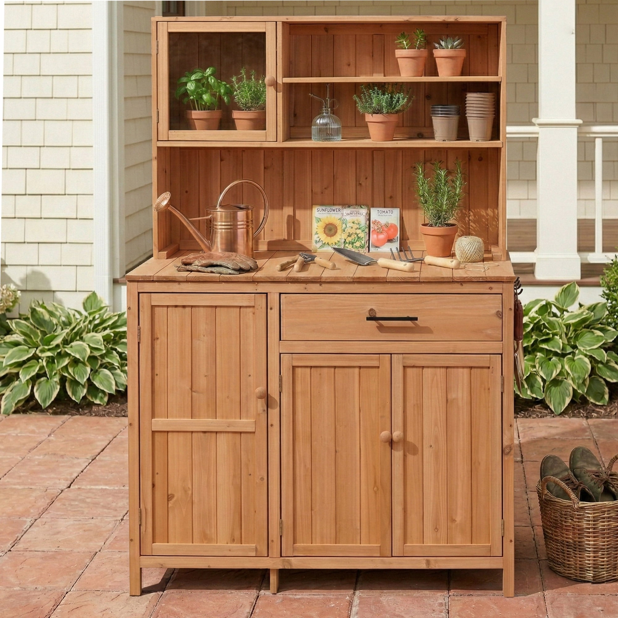 Potting Bench With Hutch, 65 Inch H Solid Fir Wood Outdoor Garden Workstation, Natural