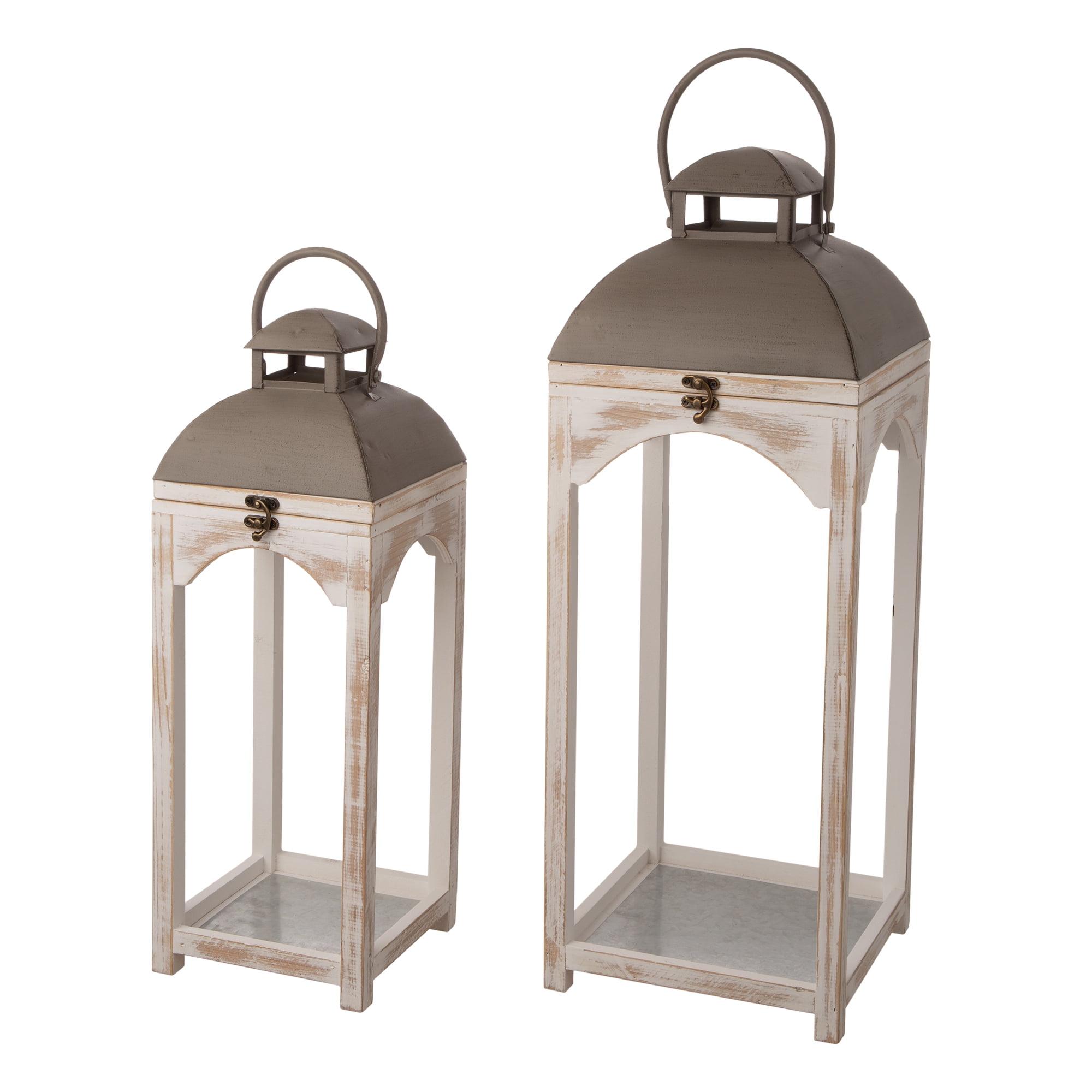 Glitzhome Set of 2 Farmhouse Wood and Metal Candle Holder Lanterns Fit for Pillar Candle, Tea