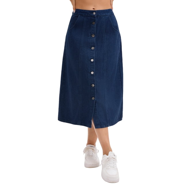 Falda de mezclilla para mujer Inspire Chic, con botones en la parte delantera, abertura, cintura alta, corte en A, con bolsillos, falda midi de mezclilla, talla L, azul oscuro