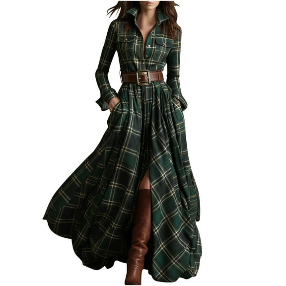 Womens Plaid Maxi Dress Long Sleeve V-Neck Button-Down Asymmetrica Dresses Western Cowgirl Flowy Dresses
