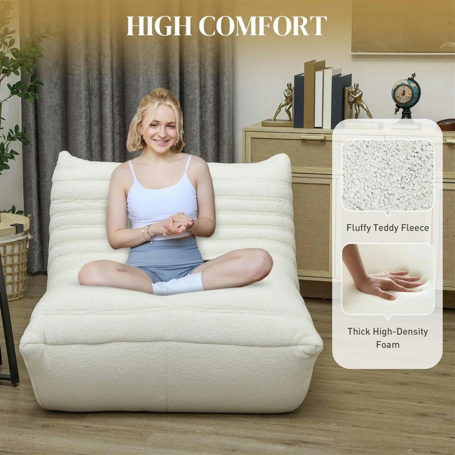 Demi Bonn Bean Bag Chair for Adults, Giant Fireside Chair, High Density Memory Foam Bean Bag Sofa Chair for Dorm, Living Room, White