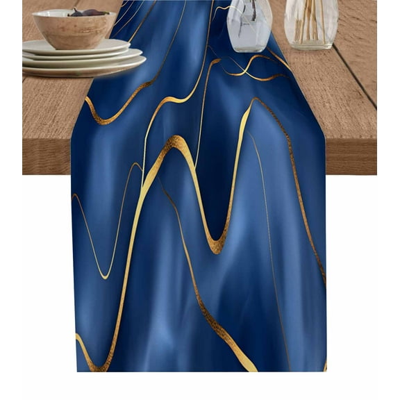 Navy Blue Gold Table Runner-Cotton Linen- 90 Inch Holiday Dresser Scarves, Minimalist Geometric Stripe Boho Art Tablerunner for Kitchen Coffee/Dining Bedroom Home Living Room Dinner Scarf Décor 13x90
