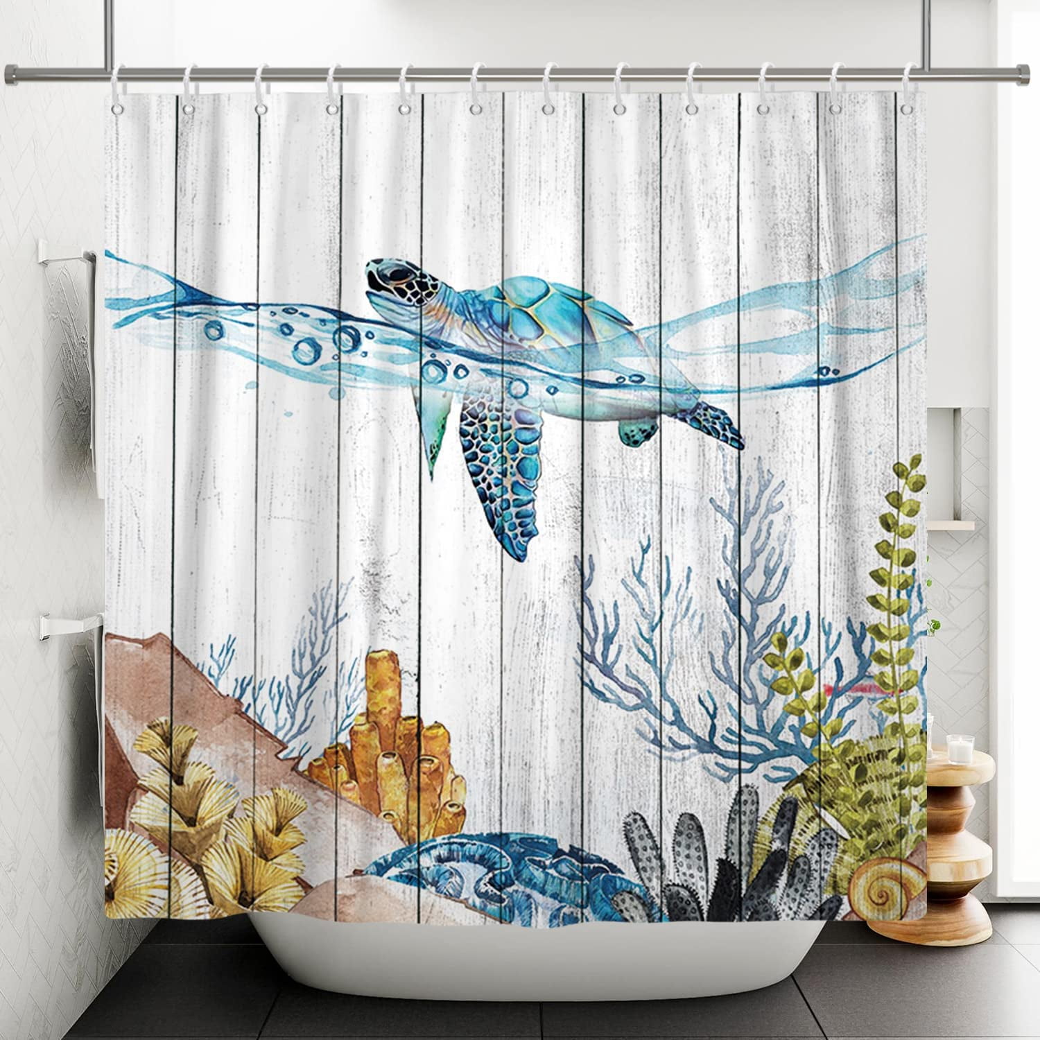 Nautical Sea Turtle Shower Curtain Ocean Theme Tropical Fish Coral Under The  Sea Shower Curtains for Kids Funny Bathroom Decor 72x72 Inch Polyester  Fabric with Hooks 