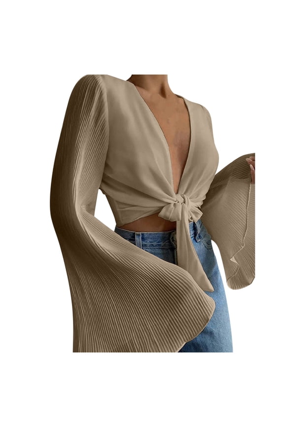 Crop Tops for Women Solid Bell Sleeve Pleated Chiffon Shirt Strap Cardigan Top Womens Tops Womens Long Sleeve Tops