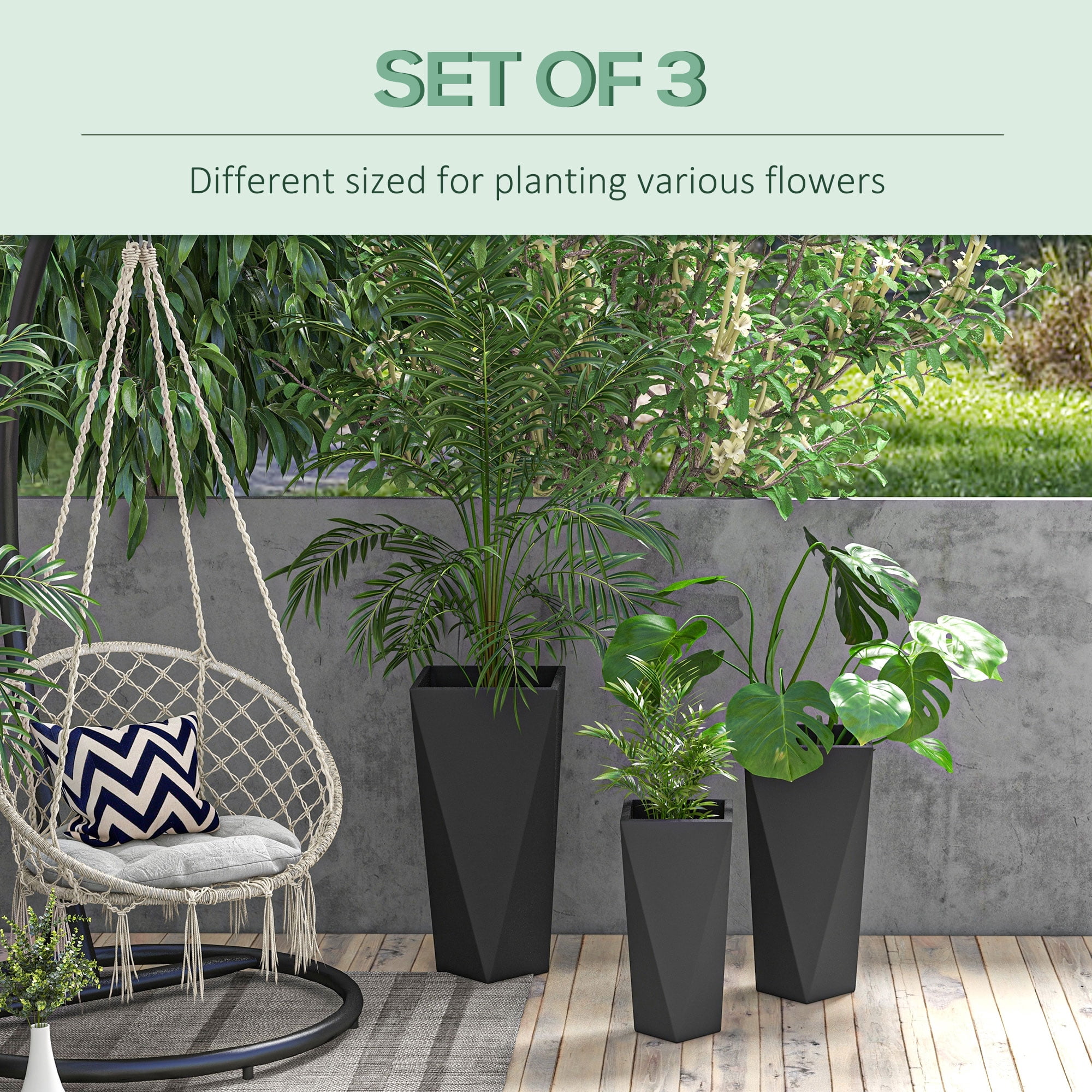 Outsunny Outdoor Planters Set of 3 with Drainage Holes, Flower Pots, Black