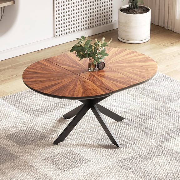 DRNANLIT Extendable Round Dining Table – Walnut Finish, Solid Wood Parquet Top, Seats 4-6, Easy Assembly