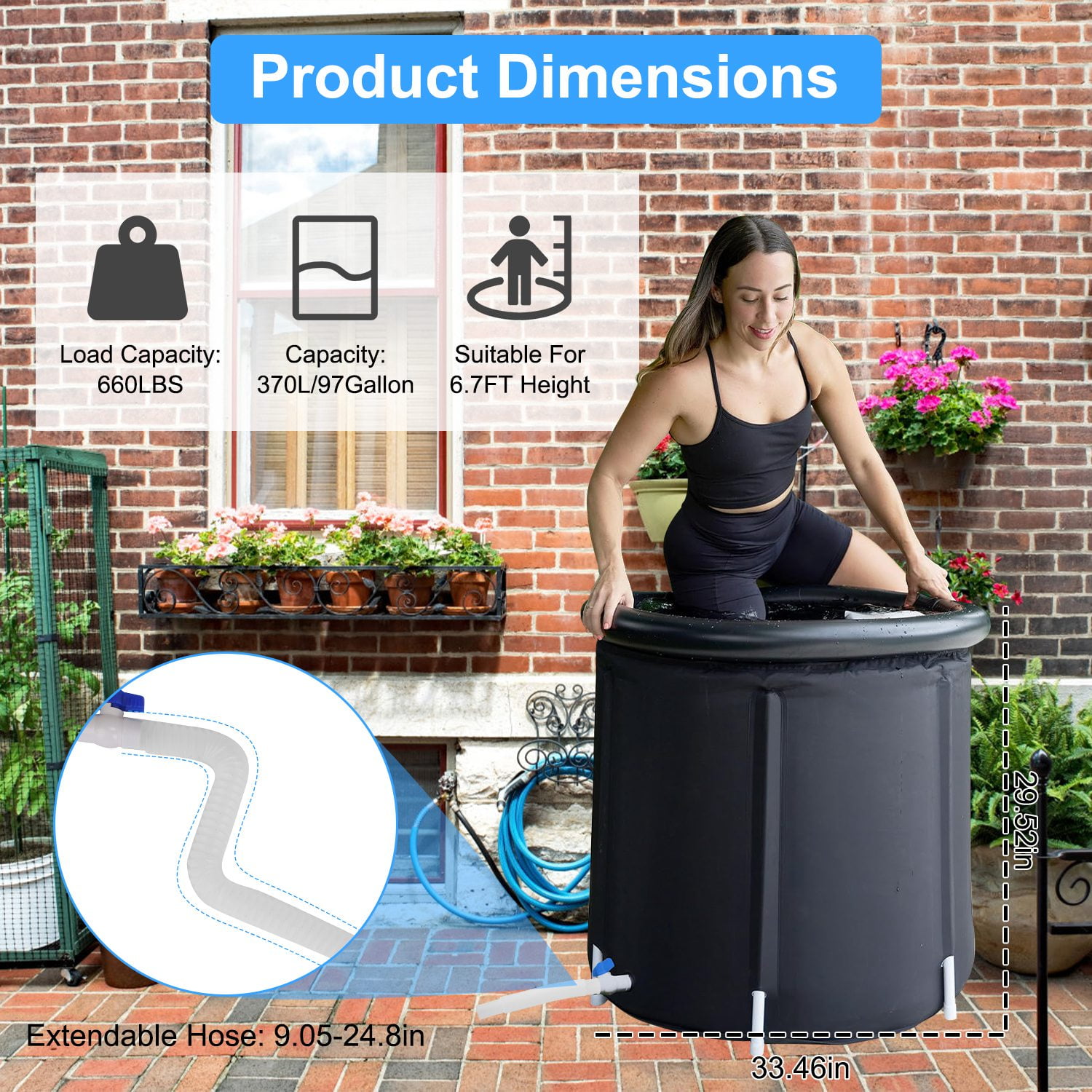 Ice Bath Tub for Athletes with Cover TeqHome 97 Gallons Cold Plunge Tub for Recovery Multiple Layered Portable Ice Bath Plunge Pool Indoors and Outdoors Black