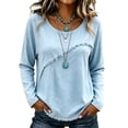 thumbnail image 2 of Linen Tops for Women Summer Raw Trim Long Sleeve Frayed Vintage Shirts Lightweight Dressy Crew Neck Flowy Blouses Light Blue M, 2 of 5