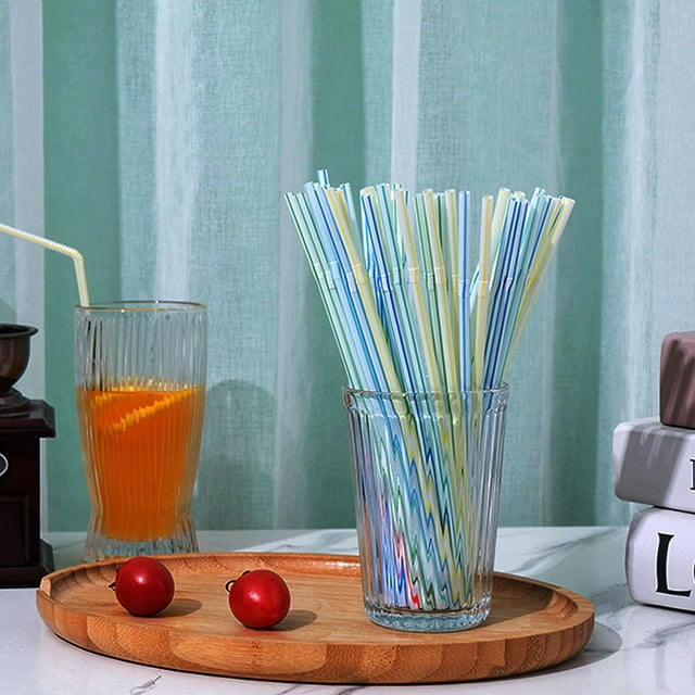 Pajitas plegables de plástico desechables | Pajitas flexibles para beber de grado alimenticio para fiestas de café con leche, té, jugo | Rayas multicolores | 200 piezas | 8.2 pulgadas | Suministro