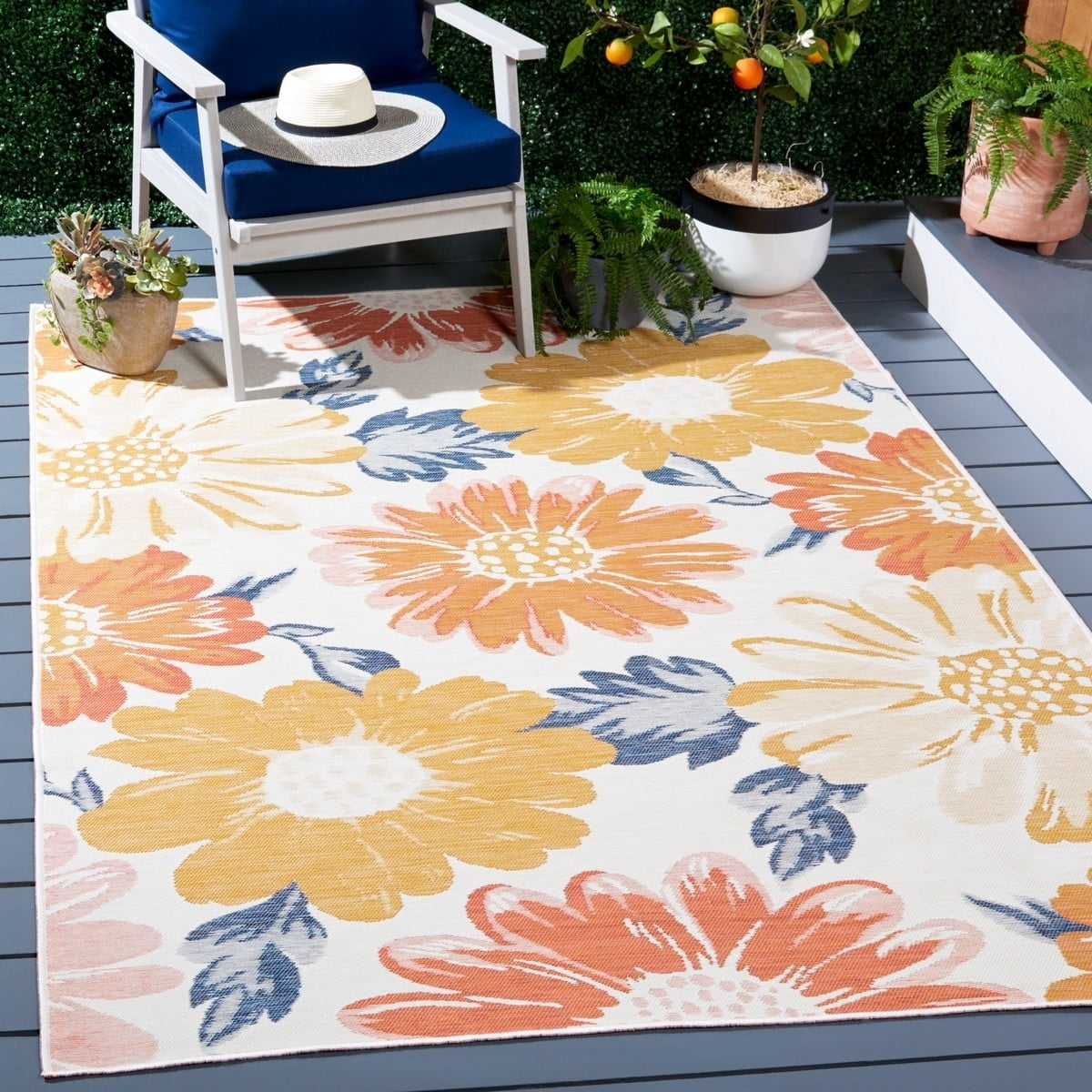 SAFAVIEH Sunrise Aria Floral Reversible Indoor/Outdoor Runner Rug, Ivory/Rust Gold, 2' x 8'