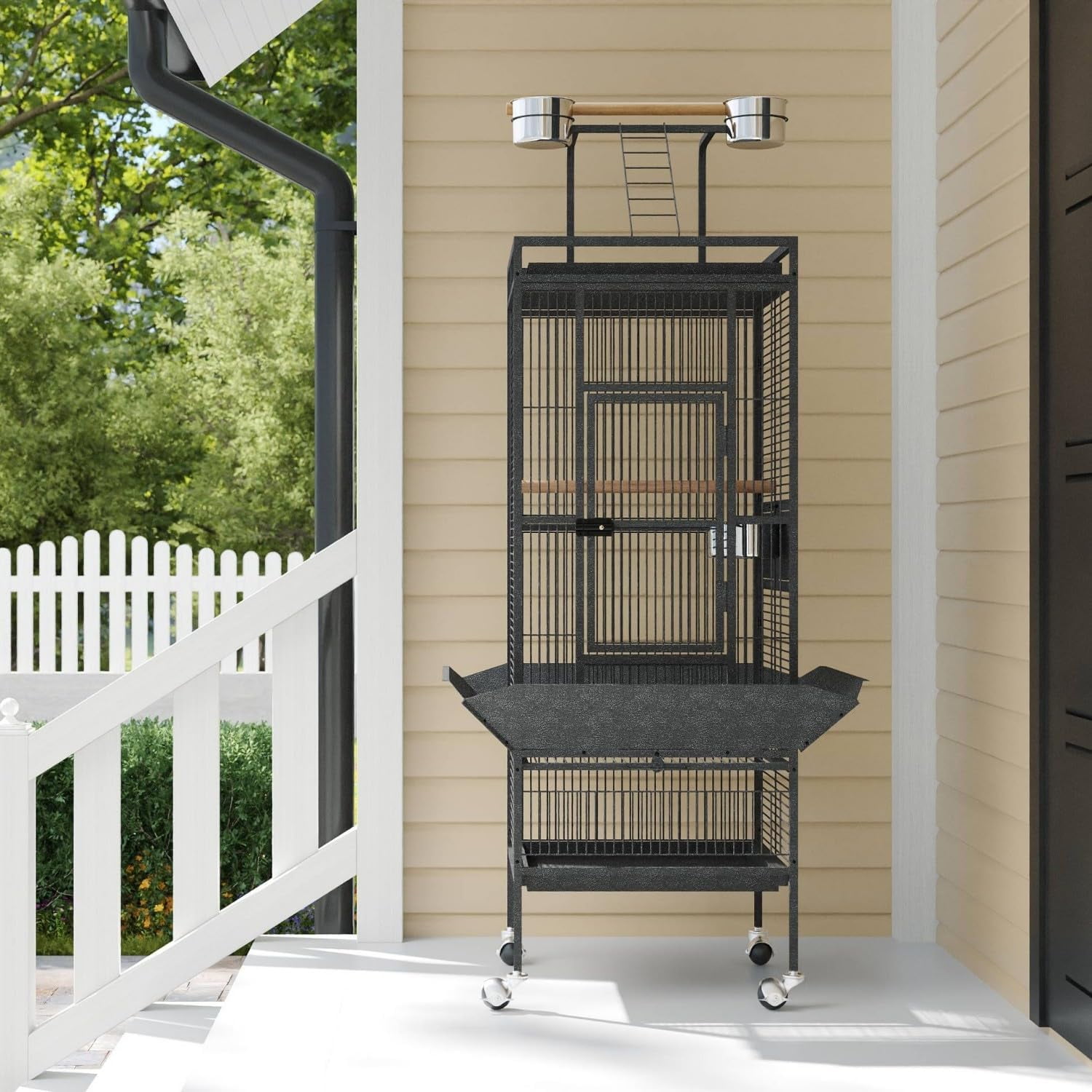 61" Heavy Duty Bird Cage, Flight Cage W/Play Top, Rolling Stand & Bowls for Parrots
