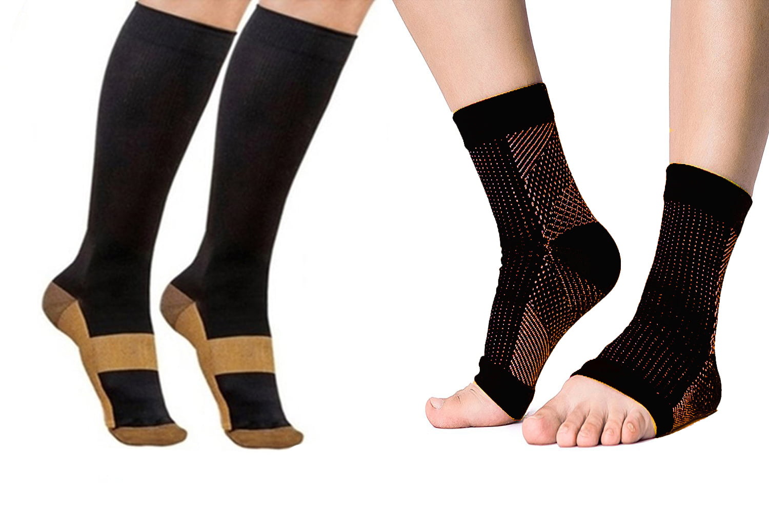 KroO Ankle Sleeve Copper (1 Brace Pair) + Knee High Compression Socks ...