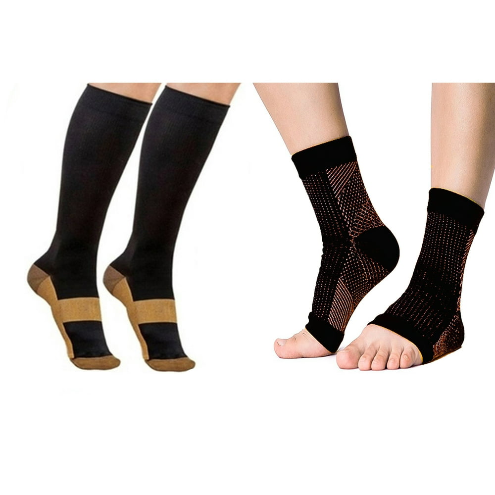 KroO Ankle Sleeve Copper (1 Brace Pair) + Knee High Compression Socks