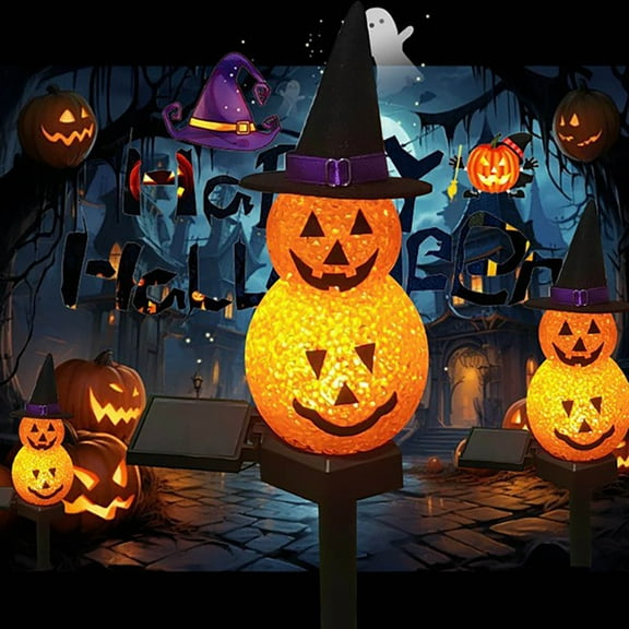 Solar Powered Pumpkin Festival Party Cute Halloween Faces Terrifying Atmosphere Decorative Lights Ground Plug Lights Halloween Decorations Indoor (Orange)