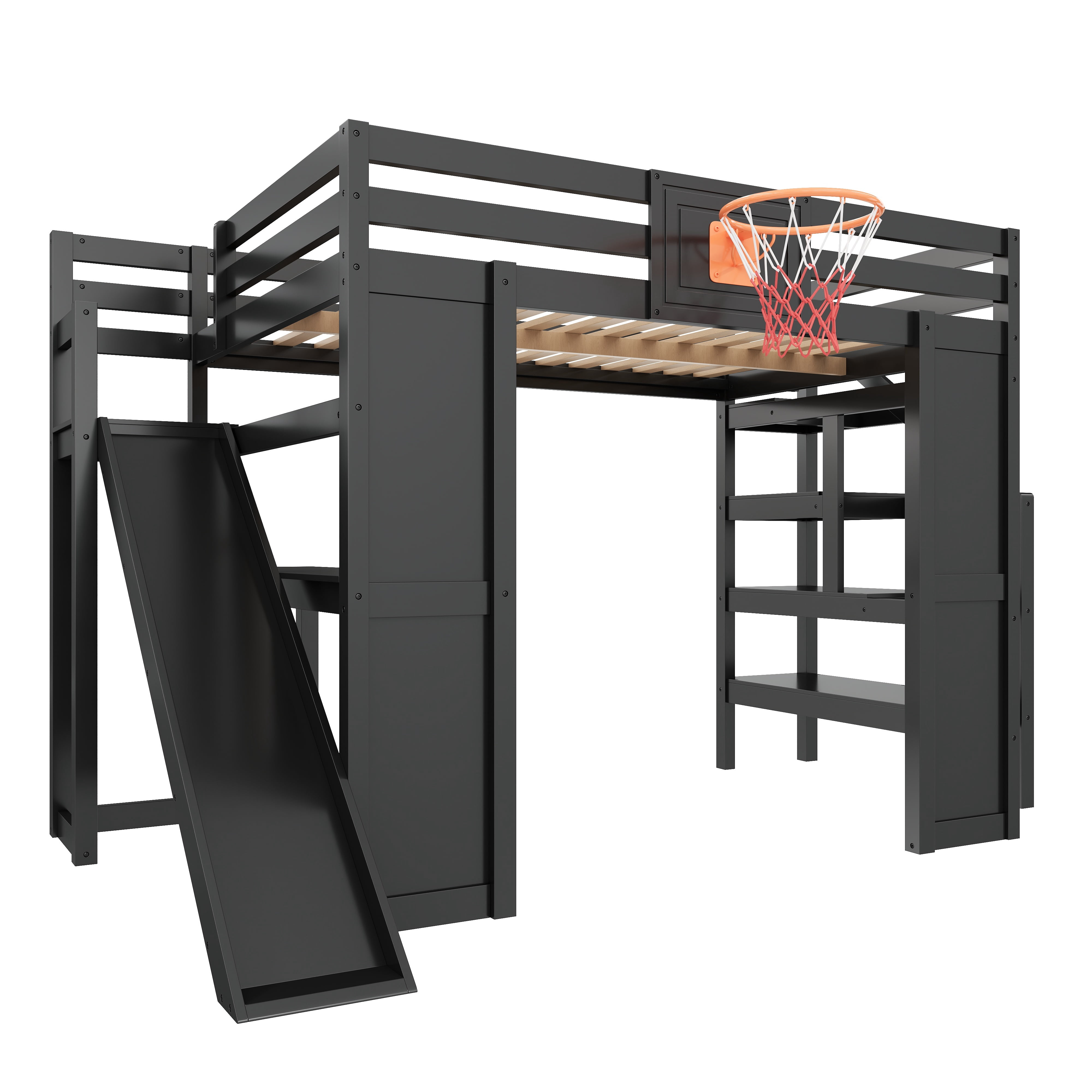 Euroco Wood Full Size Loft Bed with Desk and Shelves, Storage Bed with Basketball Hoop and Slide, Black