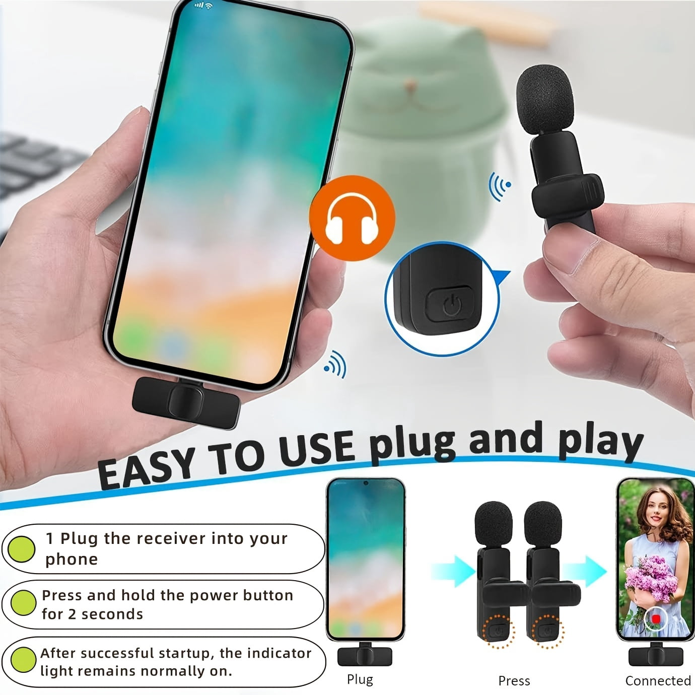 1-to-2 Wireless Lavalier Microphone for Type-C | Dual Mic System for Phones & Computers | Plug-and-Play, Smart Noise Cancellation | Crystal-Clear Audio for Interviews, Vlogging, Teaching